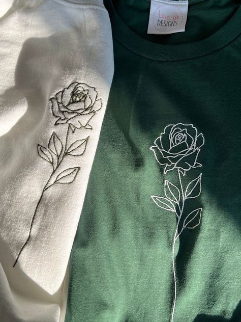 Organic Single Rose T-shirt - Embroidered Designs - Hand Drawn Rose - Sustainable Clothing - Soft Unique Top Red Shirt Embroidery, Cute Shirt Designs Drawing, Embroidery On Shirts Diy, Black Flower Embroidery, White Rose Embroidery, Drawing On T Shirt, Cute Hand Embroidery Designs, Unique Embroidery Designs Ideas, Embroidery Designs For Tshirts