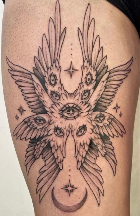 Color Lined Tattoos, Nephilim Tattoo, Grunge Stomach Tattoos Women, Wings With Eyes Tattoo, Fantasy Themed Tattoos, Angel Knee Tattoo, Witchy Sleeve Tattoos For Women, Biblicly Accurate Angle Drawing, Large Forearm Tattoo