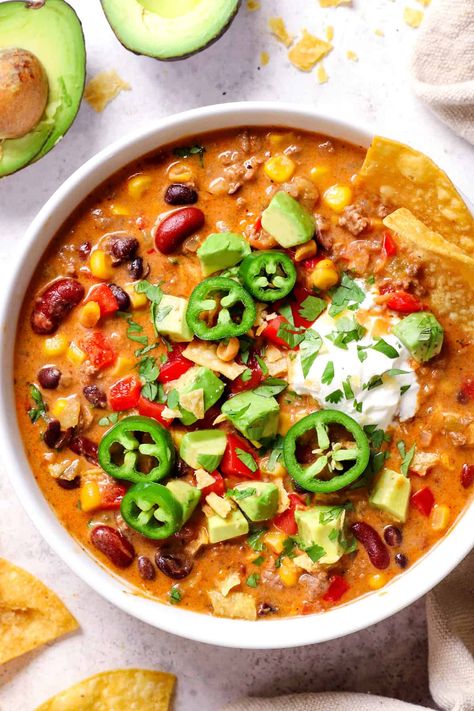 Cheesy Taco Soup, Vegetarian Taco Soup, Easy Taco Soup Recipe, Gluten Free Enchiladas, Cozy Soups, Taco Soup Recipe Easy, Vegetarian Taco, Easy Taco Soup, Favorite Soups