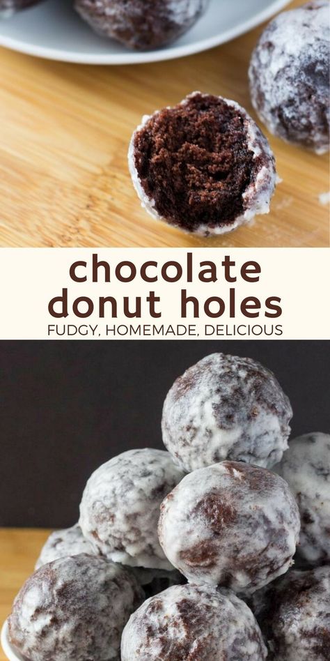 Chocolate donut holes with vanilla glaze Donut Hole Pops, Mini Chocolate Donut Recipe, Tim Hortons Donut Recipe, Chocolate Cake Donuts Fried, Chocolate Cake Doughnut Recipe, Chocolate Donuts Fried, Cake Flour Donut Recipe, Instant Pot Donut Holes, Chocolate Donut Holes Recipe