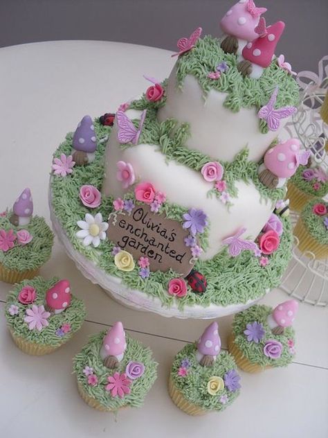 25 best girls birthday cakes fairy katies cupcakes Fairy Cupcakes Enchanted, Fairy Garden Birthday Party Cake, Enchanted Forest Baby Shower Cake, Easy Fairy Cake, Enchanted Forest Birthday Cake, Woodland Cupcakes, Garden Theme Cake, Garden Party Cakes, Fairy Garden Cake