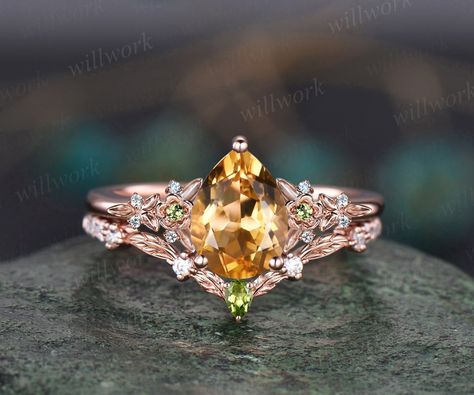 Vintage Pear Yellow Citrine Engagement Ring Rose Gold Twig Leaf Floral Antique Unique Cluster Peridot Diamond Bridal Wedding Ring Set Women - Etsy Yellow Gemstone Engagement Ring, Amber Engagement Rings, Citrine Engagement Rings, Earthy Wedding Rings, Yellow Citrine Engagement Ring, Amber Engagement Ring, Citrine Rings, Citrine Engagement Ring, Gold Twigs