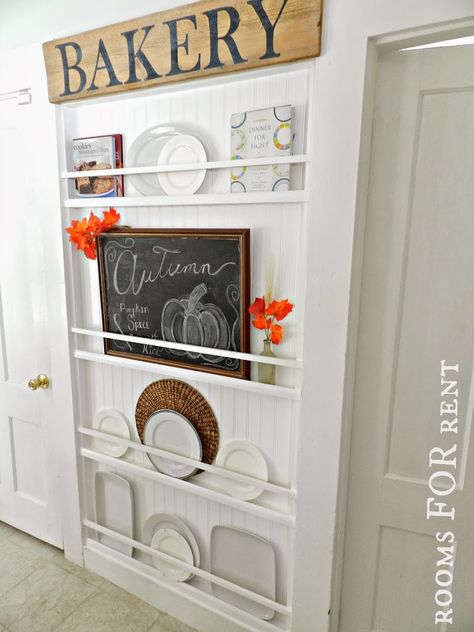 Flat Plate Rack  - CountryLiving.com Plate Rack Wall, Diy Plate Rack, Kitchen Wall Storage, Deco Champetre, Plate Rack, Eclectic House, Small Space Diy, Plate Racks, Tiny Spaces