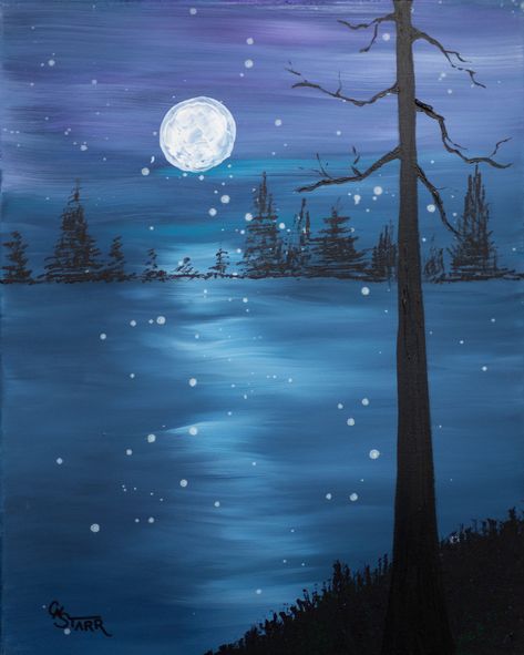 On a cold, still night the full moon lights the snowflakes as they begin to fall. The world seems at peace in this painting. Signed by the artist. Dimension: 16"x 20"Medium: Acrylic PaintMaterial: Stretched Cotton Canvas Depth of Canvas: 3/4" (Will protrude from the wall 3/4")Ready to Hang: Sides are painted and a wire is included across the back. Easy to hang. Frame: Not included unless requested for an additional charge.