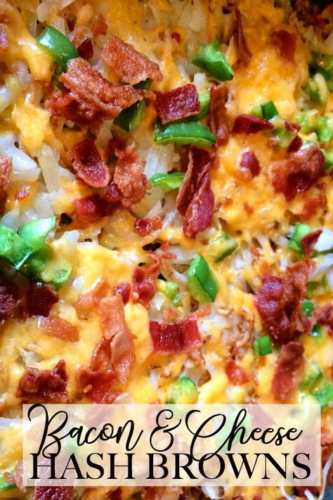 Bacon and Cheese Hash Browns are the favorite breakfast potatoes at our house. Made with bacon, cheese, onions and spices, it is the perfect breakfast or brunch recipe.     #hashbrowns #bacon #cheese #brunch #sidedish #easyrecipe Bacon Casserole, Breakfast Sausage Recipes, Hashbrown Breakfast Casserole, Bacon And Cheese, Hashbrown Recipes, Brunch Recipe, Bacon Breakfast, Breakfast Potatoes, Fried Eggs