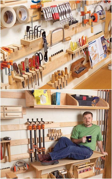 21 best DIY workshop & craft room ideas on creative storage & organization utilizing pegboards, shelving, closet & wall for a productive clutter free space! - A Piece of Rainbow #workshop #diy #craftroom #wood #woodworkingprojects #woodworking #organizing #organization #organize #rack #shelf workshop, hobby room, craft room, crafting, crafts, wood, woodworking projects, wood working, tool organizing, organization, organize, declutter Workshop Organisation, Workbench Ideas, Koti Diy, Diy Storage Shelves, Tool Storage Diy, Wall Closet, Workshop Organization, Diy Workshop, Diy Holz