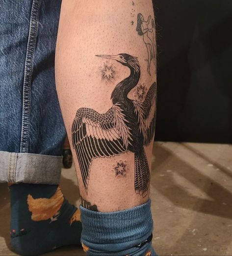 Random Object Tattoo, Anhinga Tattoo, Cormorant Tattoo Design, Anthropology Tattoo, Linocut Tattoo, Fossil Tattoo, Leg Tattoo Placements, Funky Tattoos, Sick Tattoo