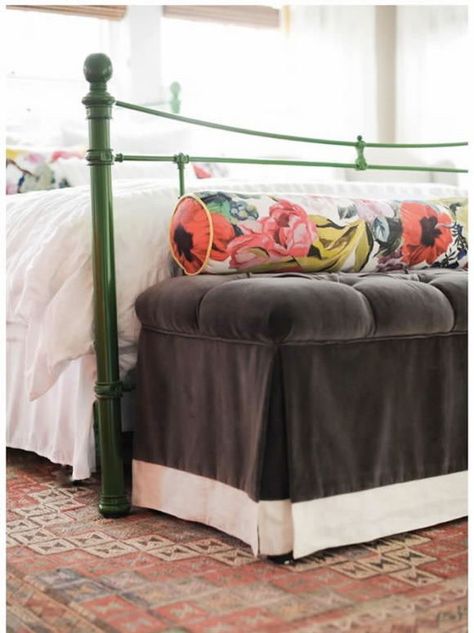 mother’s day special: design lessons from my grandmother Green Metal Bed Frame Bedroom Ideas, Green Iron Bed Frame, Green Metal Bed Frame, Green Iron Bed, Green Metal Bed, Boys Bunk Room, Skirted Bench, Awesome Bed, Grace Mitchell