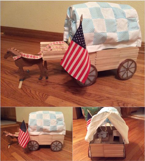 Going on the Oregon trail!  Fun covered wagon project to do with your kids. Oregon Trail Diorama, Covered Wagon Project Kids, Pioneer Diorama, Diy Covered Wagon, Covered Wagon Table, Wagon Craft, Covered Wagon Project, Covered Wagon Craft, Pioneer Activities