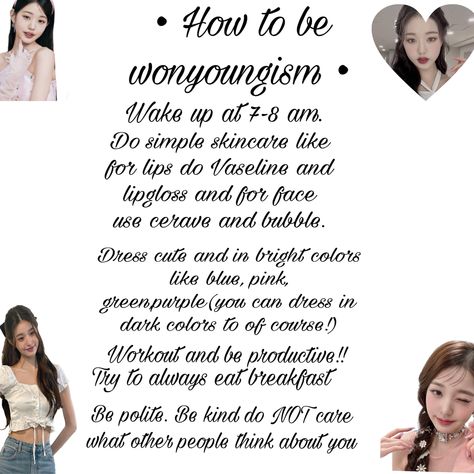 Glowing up. Glow up tips. What wonyoung does in her life How To Be Wonyoungism, Sunshine Girl, School Tips, School Hacks, New Me, Simple Skincare, Vaseline, Glow Up?, Dark Colors