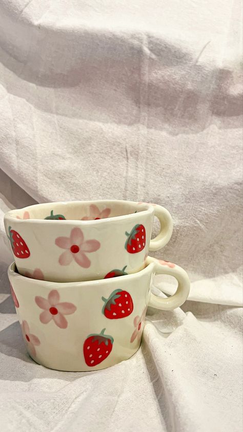 Mug Painting Ideas Strawberry, Strawberry Pottery Bowl, Strawberry Mug Painting, Pottery Painting Tea Cup, Strawberry Mug Pottery, Strawberry Painted Mug, Valentine Pottery Painting Ideas, Pottery Painting Strawberries, Strawberry Ceramic Mug