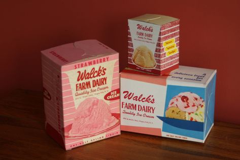 Vintage Dairy Advertising: 1950s Ice Cream Cartons, New Old Stock Ice Cream Boxes, Warehouse Find! Clybourne Park, Retro Packaging, Ice Cream Packaging, Ice Cream Tubs, Cardboard Cartons, Strawberry Farm, Ice Cream Brands, Ice Cream Day, Vintage Ice Cream