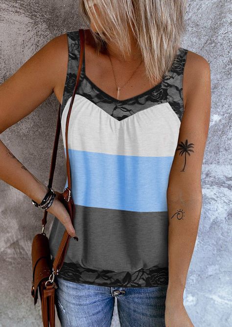 Color Block Lace Splicing Tank|#vacationshop #fashion #outfits Color Block Blouse, Clothing Shopping, Casual Tanks, Lace Splicing, Active Wear Shorts, Casual Summer Outfits, Trendy Tops, Sunny Day, Summer Outfits Women