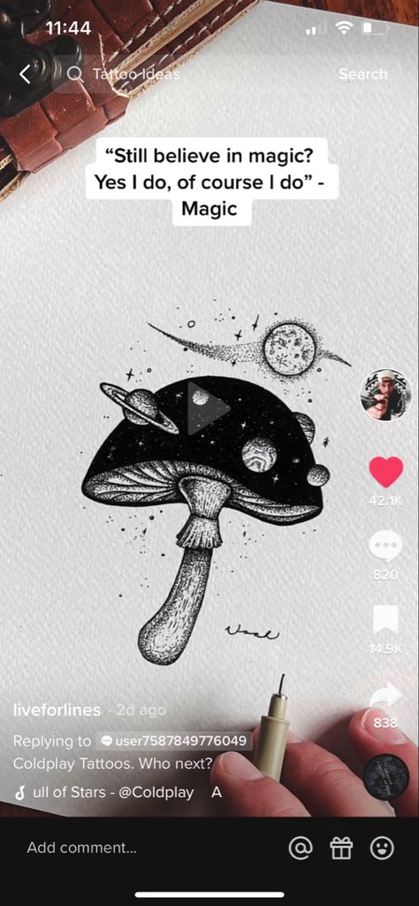 Space Mushroom Tattoo, Mushroom Planet, Space Mushroom, Coldplay Tattoo, Planet Tattoo, Mushroom Tattoo, Planet Tattoos, Mushroom Tattoos, Believe In Magic