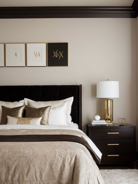 Bedrooms With White Walls, Dark Brown Accent Wall, Brown Headboard Bedroom, Brown Beds, Black And Cream Bedroom, Brown Accent Wall, Brown Headboard, Cream Bedrooms, White Wall Bedroom