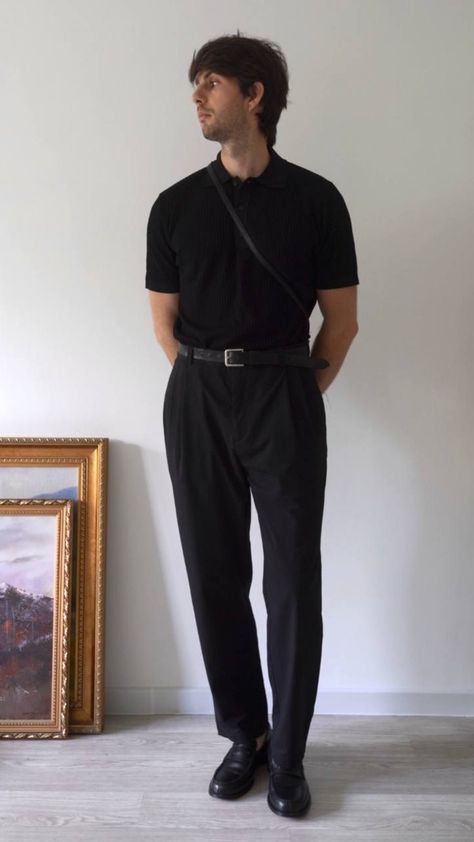 Aesthetic Trousers Outfit Men, Men’s Black Slacks Outfit, Black Smart Casual Outfit Men, Men Tailored Pants Outfit, Black Dress Pants Men Outfits, All Black Linen Outfit Men, Men’s Black Trousers Outfit, Men’s Slacks Outfit, Black Fashion Aesthetic Men