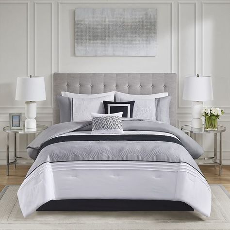 Elevate your bedroom style with the Madison Park Greer comforter set.Click this BED & BATH GUIDE to find the perfect fit and more! FEATURES Color block stripe design in shades of gray and black Unique embossed geometric design adds texture to the comforter and shams Pleating and piping details enhance the designQUEEN SET 6-piece set Comforter: 90"W x 92"L Bedskirt: 60" x 80" + 15"D 2 Standard Shams: 20"W x 26"L Pillow: 12"W x 16"L Pillow: 16"W x 16"LKING SET 6-piece set Comforter: 106"W x 94"L B Grey Bed Frame Comforter Ideas, Gray Upholstered Bed Decor Ideas, Grey Bedroom Ideas With Pop Of Color, Bedroom With Grey Headboard, Grey Bed Frame Bedroom Ideas, Upholstered Bed Decor, Black And Grey Bedroom, Best Bedroom Colors, Pillows Black