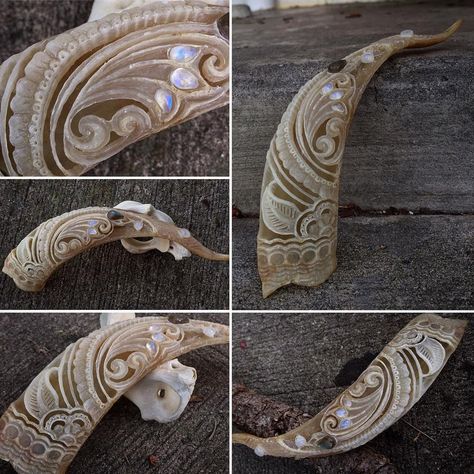 Carved Goat Horn with Moonstone Goat Horns, Deer Horns, Taxidermy Art, Vulture Culture, Bone Art, Bone Jewelry, Skull Carving, Bone Carving, Skull And Bones