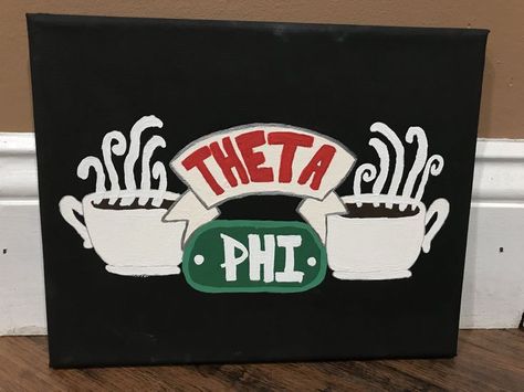 Friends inspired theta phi sorority canvas painting Sorority Canvases, Greek Crafts, Big Little Canvas, Rat Art, Sorority Art, Big Little Basket, Alpha Epsilon Phi, Big Gift, Theta Phi Alpha