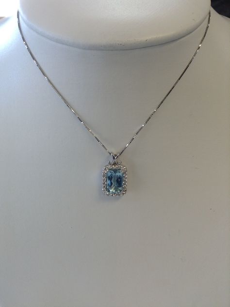 Custom 3.8 carat emerald cut aquamarine pendant with diamond halo. Aquamarine Necklace Pendant, Fancy Jewelry Necklace, Pretty Jewelry Necklaces, Expensive Jewelry Luxury, Fancy Jewellery Designs, Luxe Jewelry, Aquamarine Pendant, Aquamarine Necklace, Jewelry Accessories Ideas