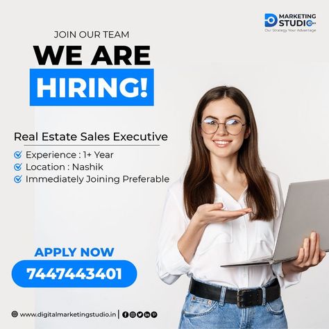 We Are Hiring!!! 📣 ✔️ For Real Estate Sales Executive ✔️ Experience - 1+ Year ✔️ Location- Nashik ✔️ Immediately Joining Preferable Send your resume to 👉 hr@digitalmarketingstudio.in or digitalmarketingstudiogenix@gmail.com Contact📲 7447443401 . . . . . #hiring #wearehiring #wearehiringnow #salesexecutive #salesjobs #salesexecutivejobs #DigitalMarkteingStudioGenixLLP #vacancyalert #salesexecutivehiring #digitalmarketingstudio #DMS #DMSGenix #DMSGenixLLP #digitalmarketingagency Graphic Designer Hiring Post, We Are Hiring Graphic Designer, Hiring Post Design, Social Media Executive, Hiring Marketing, Post Linkedin, French Words Quotes, Hiring Poster, Sales Executive