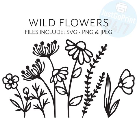 Wild Flowers Svg, Simple Flower Silhouette, Wild Flower Svg, Flowers Silhouette, Wildflower Svg, Svg Flowers, Thanksgiving Flowers, Painted Glass Vases, Flower Line Drawings