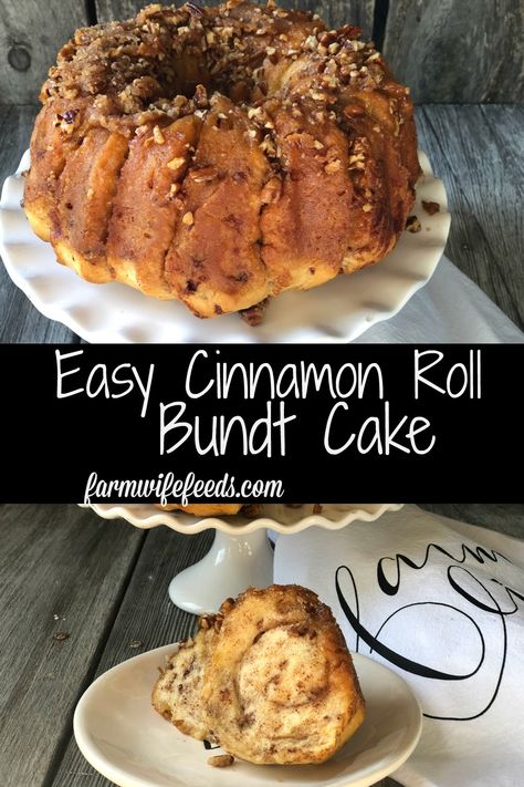 Easy Caramel Cinnamon Roll Bundt Cake from Farmwife Feeds makes a pop can of cinnamon rolls into a delicious easy bundt cake with a caramel glaze and pecans. #cinnamonrolls #bundtcake #easybreakfast Bundt Cake Cinnamon Roll, Cinnamon Roll Bundt Cake Monkey Bread, Pecan Cinnamon Roll Bundt Cake, Cinnamon Roll Bundt Cake Easy, Cinnamon Rolls In Bundt Pan, Cinnamon Bunt Cake, Caramel Cinnamon Roll, Cinnamon Roll Bundt Cake, Cinnamon Roll Coffee Cake