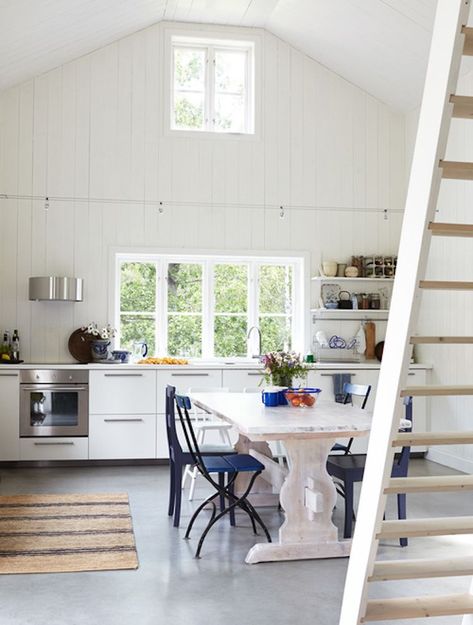 Tiny Beach House Interior, Swedish Summer House, White Wood Paneling, Scandinavian Cottage, Small Beach Houses, Swedish Summer, Swedish Cottage, Scandinavian Summer, Pretty Cottage