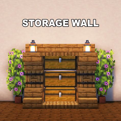 Minecraft Organization Ideas, Minecraft Crafting Station Ideas, Room Ideas Minecraft In Game, Minecraft Outside Storage, Minecraft Wall Inspiration, Chest Wall Minecraft, Cute Storage Minecraft, Minecraft Crop Layout, Minecraft Houses Storage