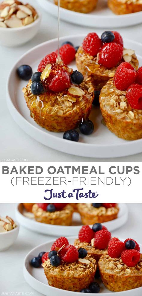 Grab your muffin tin for this baked oatmeal recipe starring your choice of mix-ins. This is a freezer-friendly recipe that’s ideal for meal prep! | Baked Oatmeal Cups #bakedoatmeal #bakedoatmealcups #mealprep #mealprepideas #muffintinrecipes #justatasterecipes Freezer Muffins, Baked Oatmeal Muffins, Baked Oatmeal Recipe, Baked Oatmeal Cups, Baked Oatmeal Recipes, Oatmeal Cups, Muffin Tin Recipes, Freezer Breakfast, Oatmeal Recipe