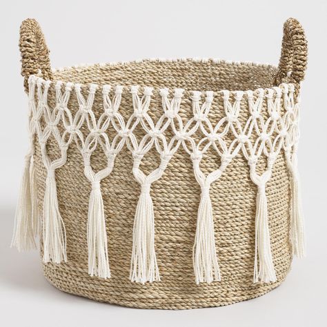 Macromae Baskets, Basket With Macrame, Macrame Bowls Rope Basket, Basket Macrame, Crochet Basket Macrame Cord, Macrame Basket, Makramee Diy, White Tassel, Rope Crafts