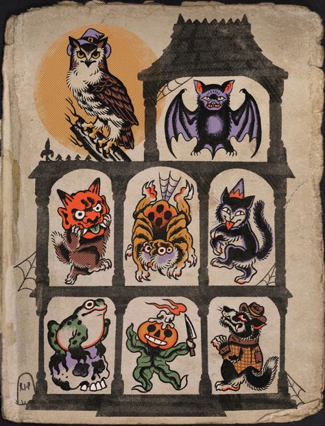 A tattoo flash page showing a haunted mansion with various spooky creature designs in each window. Traditional Halloween Cat Tattoo, Vintage Jackolantern Tattoo, American Traditional Jack O Lantern Tattoo, Halloween Tattoo Sheet, Halloween Owl Tattoo, Friday The 13th Cat Tattoo, Halloween Spider Tattoo, Halloween Trad Tattoo, Spooky Wrist Tattoo