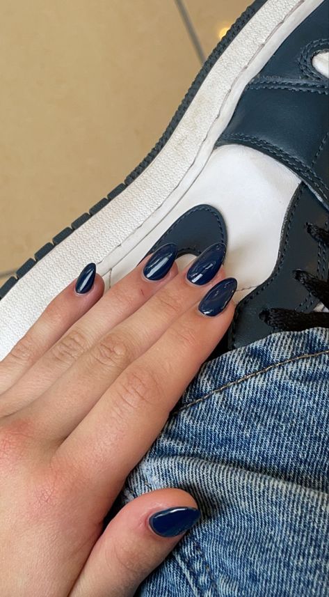 Almond shape navy blue nails Navy Nails Acrylic Almond, Navy Short Almond Nails, Navy Hailey Bieber Nails, Dark Denim Nails, Indigo Almond Nails, Navy Blue Almond Shaped Nails, Navy Nails Almond Shape, Short Almond Acrylic Nails Dark Blue, Navy Blue Oval Acrylic Nails