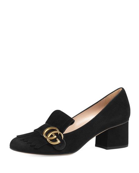 Gucci Marmont Fringe Suede Loafer #summer2016 #spring2016 #gucci Red Bottom Heels, Gucci Brand, Mid Heels Pumps, Gucci Marmont, Black Pumps Heels, Elegante Casual, Shoe Obsession, Heeled Loafers, Gucci Shoes