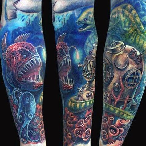 Divers Helmet With Deep Sea Fish Mens Ocean Themed Sleeve Tattoo Link to 40 Ocean Sleeves Deep Sea Sleeve Tattoo, Deep Sea Tattoo Sleeve, Ocean Themed Sleeve Tattoo Women, Deep Ocean Tattoo, Tattoo Sleeve Ocean Themes, Deep Sea Tattoo, Underwater Tattoos, Ocean Tattoos Sleeve, Ocean Tattoo Sleeve