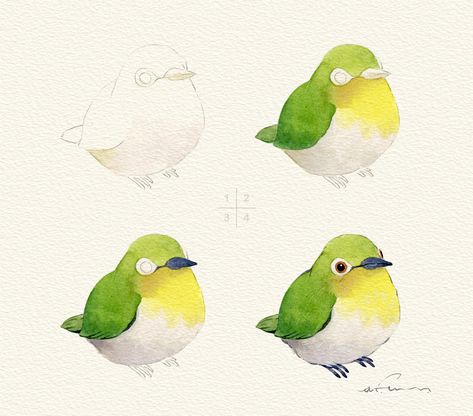 Green Bird Drawing, Blue Green House, Watercolor Tutorial Step By Step, Makeup Pinterest, Hawaii Sunset, Jeans Jewelry, Color Drawing Art, Art Tutorials Watercolor, Crochet Aesthetic