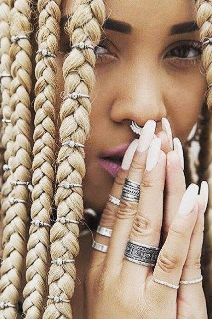 20 of the Coolest Pierced Braid Looks to Try This Summer - Hair Pop | Hair Extensions - www.HairPop.net Rings In Braids, Sailing Hairstyles, Diy Hair Jewelry For Braids, Braid Jewelry Cornrows, Hair Piercing Braid, Diy Hair Accessories For Women, Hippie Braided Jewelry For Festival, Braid Jewelry Box Braids, Mannequin Hair