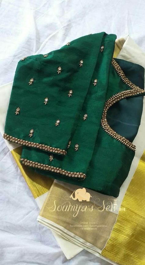 Green Blouse Designs Simple, Bottle Green Blouse Designs, Green Blouse Designs For Saree Bridal, Green Color Blouse Designs, Green Colour Blouse Designs, Green Silk Blouse Designs, Simple Green Blouse Designs For Saree, Dark Green Blouse Designs, Green Blouse Aari Work Designs