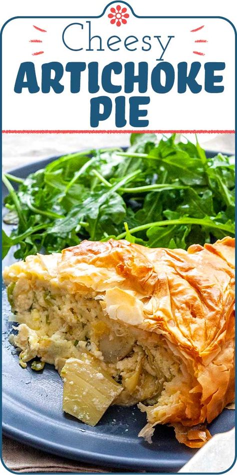 Cheesy Artichoke Pie! Canned artichokes, lemon zest, and parsley combined with a cheese trifecta of Ricotta, Swiss, and Parmesan make this surprisingly light, cheesy artichoke pie. It only takes 30 minutes to assemble and less than an hour in the oven! #simplyrecipes #savorypie #easterbrunch #artichokes #vegetariandinnerideas #vegetarianrecipes #holidayrecipes Artichoke Pie Recipe, Artichoke Pie, Canned Artichokes, Artichoke Recipes, How To Cook Asparagus, Savory Tart, Phyllo Dough, Vegetarian Dinners, Savory Pie