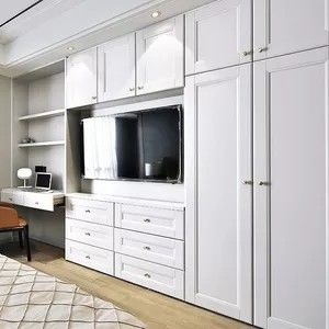 Built In Wardrobe With Desk And Tv, Ikea Bedroom Wall Unit, Build In Cabinet Bedroom, Bedroom Cupboard With Tv, Modern Wardrobe With Tv, Tv Wall Built In Ideas, Wardrobe With Tv Unit, Built In Bedroom Cabinets, Tv Unit Design Ideas