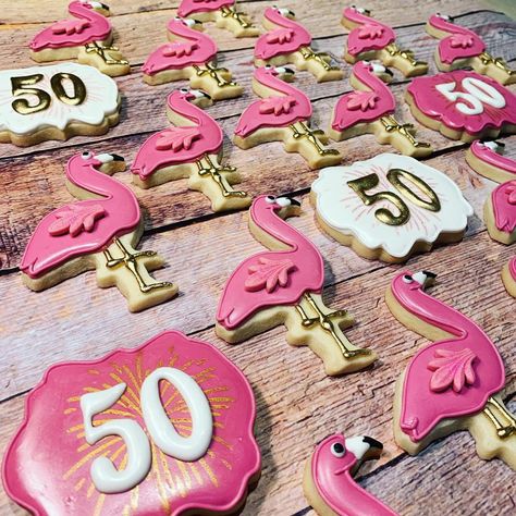 Pink Flamingo themed 50th birthday cookies from Kooky Cookie Lady Flamingo 40th Birthday Cake, 60 Flocking Rocks Birthday, Flocking 50 Birthday, 50th Flamingo Birthday Party, 50th Birthday Ideas For Women Pool Party, Flocking 40 And Fabulous, Oh Flock Im 50 Party, Flamingo 50th Birthday Party, 50th Birthday Ideas For Women Pink