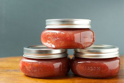 Small Batch Strawberry Rhubarb Jam  recipe on Food52 Rhubarb Chutney, Egg Logo, Rhubarb Jam Recipes, Batch Baking, Strawberry Rhubarb Jam, Rhubarb Jam, Jam Pot, Rhubarb Recipes, Flower Water