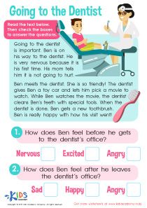 Use this free worksheet about going to the dentist to help your children learn the dentist is their friend while they practice their critical thinking skills in reading comprehension. Dentist Worksheets, Employee Handbook Template, Going To The Dentist, First Grade Reading Comprehension, Grade 1 Reading, Critical Thinking Questions, Employee Handbook, Worksheet For Kids, Reading Comprehension Skills