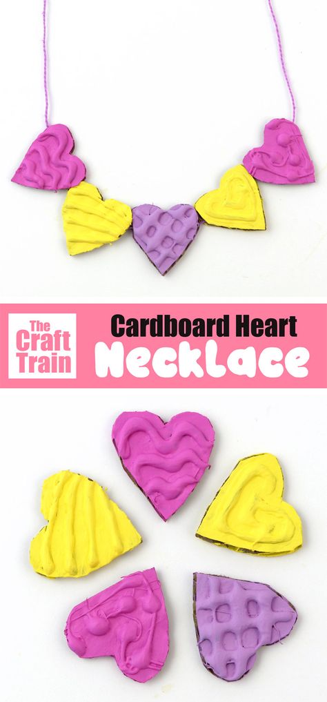 Valentines day craft idea – make a heart shaped cardboard necklace with textured beads using a hot glue gun and recycled cardboard beads. This is so pretty and makes a cute handmade gift idea for Valentines Day!  #kidscraft #valentinesday #recyclingcraft #diyjewellry #hotgluegun #cardboardcrafts #recyclingcrafts #cardboard #kidscrafts #kidsactivities #handmadegift #necklaceDIY #thecrafttrain Heart Necklace Diy, Cardboard Necklace, Train Projects, Red Ted Art, Diy Heart, Valentine's Day Crafts For Kids, Valentine Crafts For Kids, Homemade Valentines, Recycled Cardboard