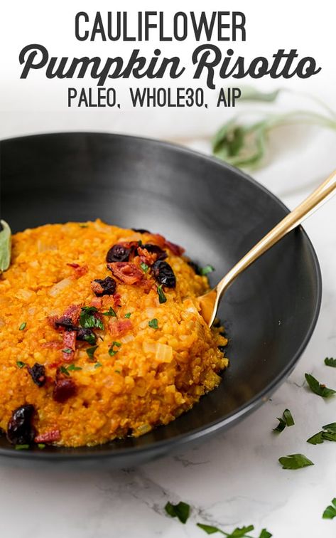 This cauliflower pumpkin risotto is a delicious autumn side dish! It's the perfect balance of savory or lightly sweet and is paleo, whole30, and AIP compliant. Clean Eating Pumpkin Recipes, Quiche Chorizo, Whole30 Easy, Unbound Wellness, Cauliflower Risotto, Paleo Side Dishes, Pumpkin Risotto, Autumn Side Dishes, Aip Paleo Recipes