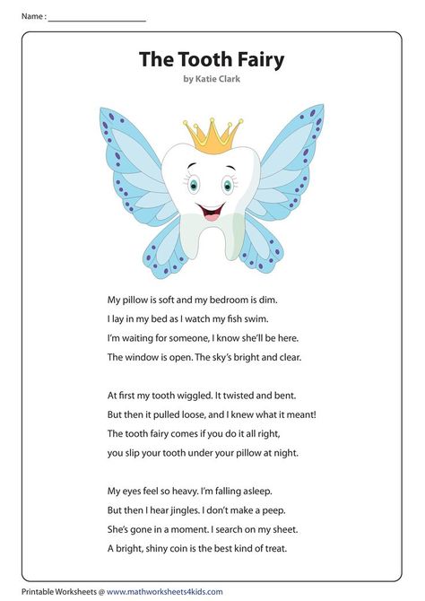 After a long wait, The Tooth Fairy is there and there's the bright coin too! Help kids learn to sequence events, skilfully describe the setting and correlate events in the poem with their... Download the PDF file and try the interactive worksheet at the link above! #readingactivities #worksheet #worksheetsforkids #readingpassages #englishlearning #kindergartenreading Tooth Fairy Poem, Poem Worksheet, Sequence Of Events Worksheets, Fact And Opinion Worksheet, Dictionary Skills, Ela Worksheets, Language Arts Worksheets, Nouns Worksheet, 2nd Grade Worksheets