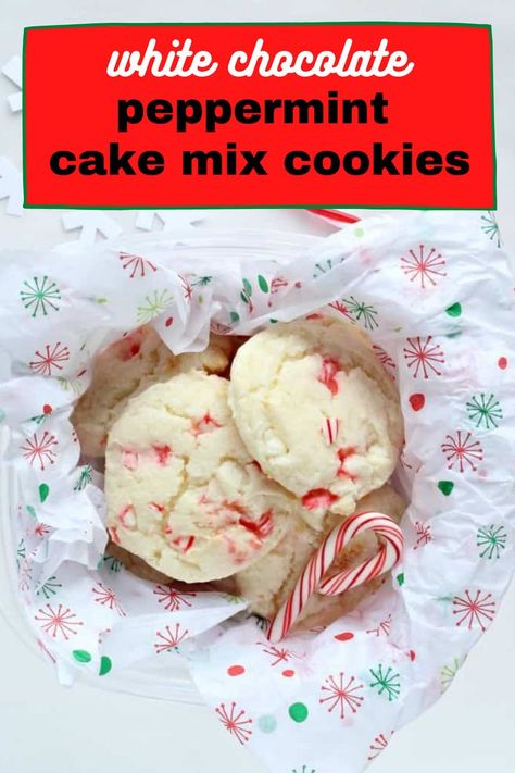 White Chocolate Peppermint Cake, Peppermint Cake Mix Cookies, Cake Mix Christmas Cookies, White Cake Mix Cookies, Christmas Crinkle Cookies, Cookies With White Chocolate Chips, Peppermint Bark Cookie, Chocolate Peppermint Cake, Peppermint Crunch