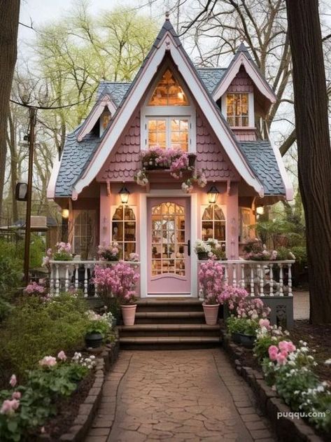 Cute Tiny Cottage, Pink Cottage House Exterior, Unique Tiny Homes, Cute Tiny Houses Exterior, Pink Tiny House, Tiny Victorian House, Pink Bungalow, Tiny House Ideas Cottages, Pink Victorian House