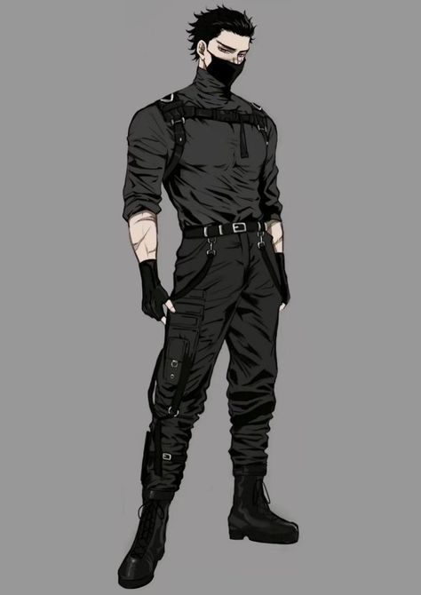 Male Supervillain Outfit, Anime Men Clothes Design, Male Villian Outfits, Spy Outfits Male, Man In Suit Concept Art, Fantasy Assassin Outfit Design Male, Male Hero Outfit Design, Theif Outfit Design, Secret Agent Character Design Male