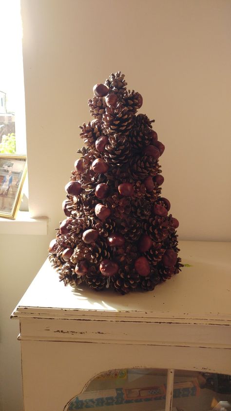 Home made christmas tree. Pine cone conker craft. Simply make a cardboard cone and use a glue gun to stick the pine cones on. Over lapping like a pyramid. Then add conkers to cover bare areas Conker Craft Ideas Christmas, Conker Art Autumn Crafts, Conker Craft Ideas, Conker Art, Conker Wreath, Conker Crafts, Conker Tree, Home Made Christmas Tree, Conkers Craft